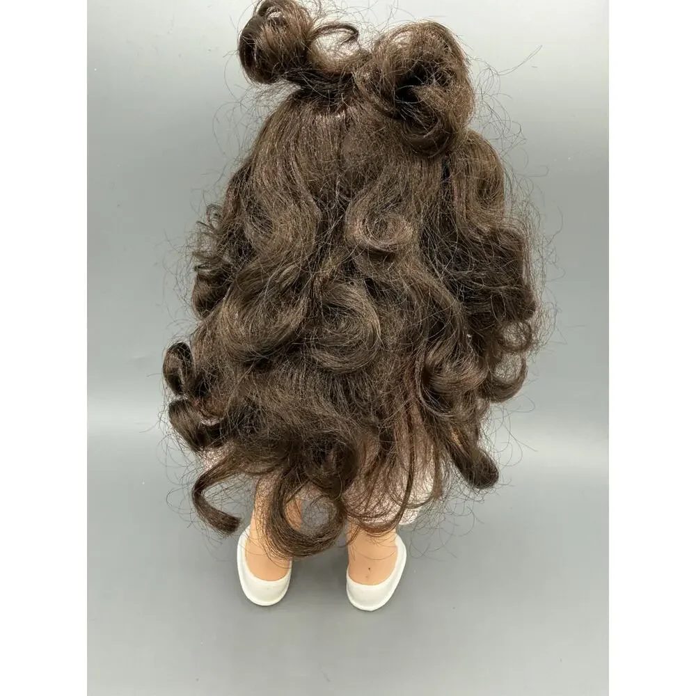 Precious Moments 12” Brunette Vinyl Doll Pink Stripe Lace Dress White Shoes